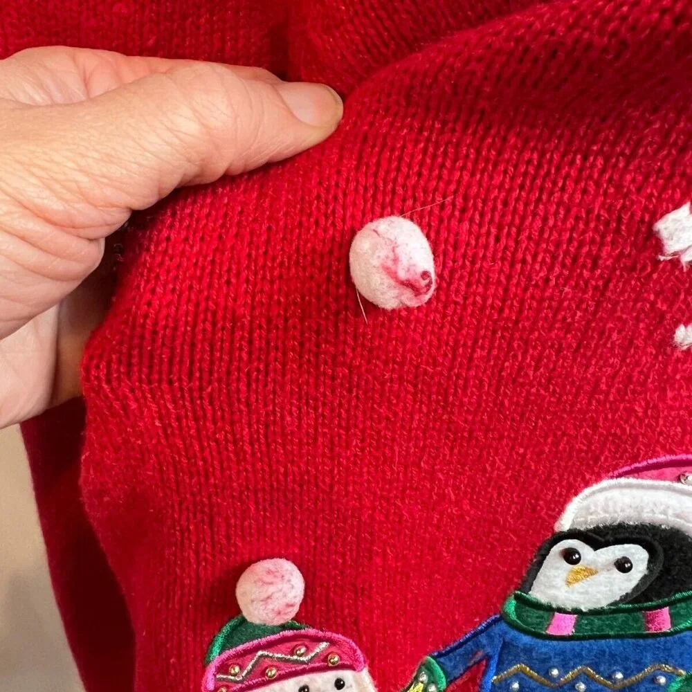 Vintage Christmas Red Cardigan With Embroidered Penguins & Snowmen Theme - Picture 4 of 8